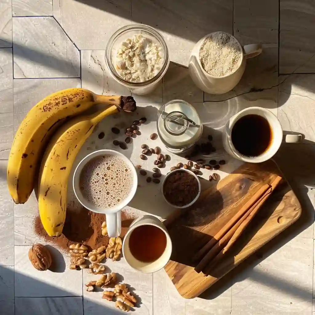 Flat lay of banana bread latte ingredients including bananas, oat milk, espresso beans, and cinnamon