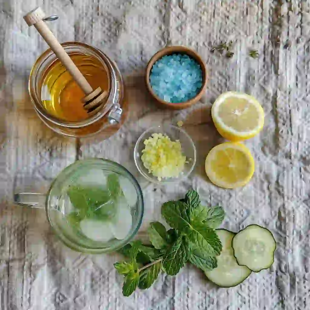 Flat-lay of blue salt trick ingredients – Persian blue salt, lemon, honey, mint, cucumber, and warm water