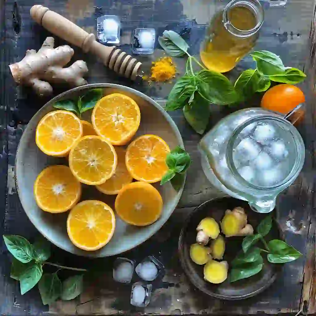 Flat lay of calamansi drink ingredients—fresh calamansi, honey, water, ice, ginger, turmeric, mint, and sparkling water