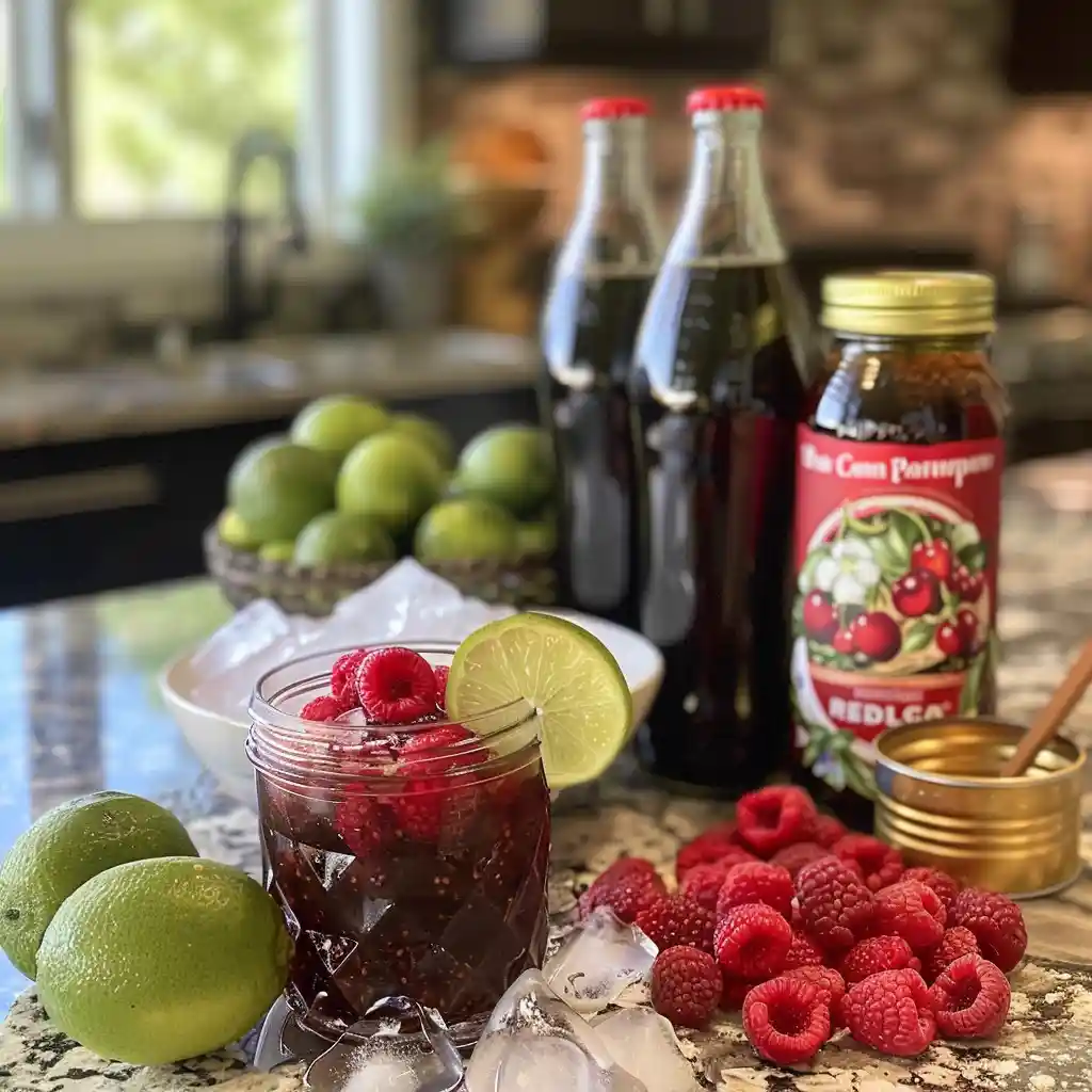 dirty soda recipes_Flat lay of dirty soda ingredients including sodas, syrups, coconut cream, lime, and pebble ice
