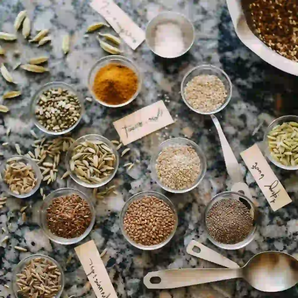 Flat lay of flax, fennel, cumin, chia, and sunflower seeds measured in small bowls