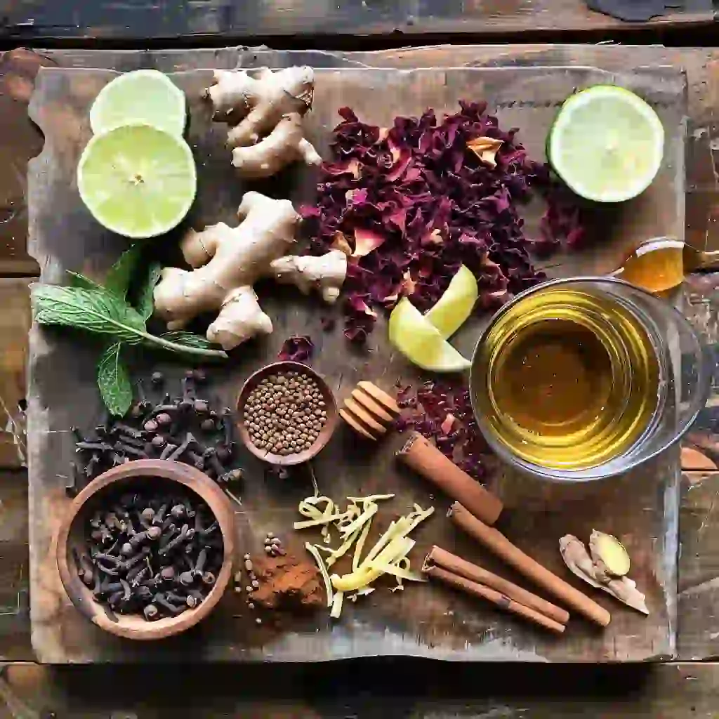 Costa Rican tea recipe for weight loss: Flat lay of hibiscus, ginger, cumin, lemongrass, cinnamon, lime, and mint on rustic table