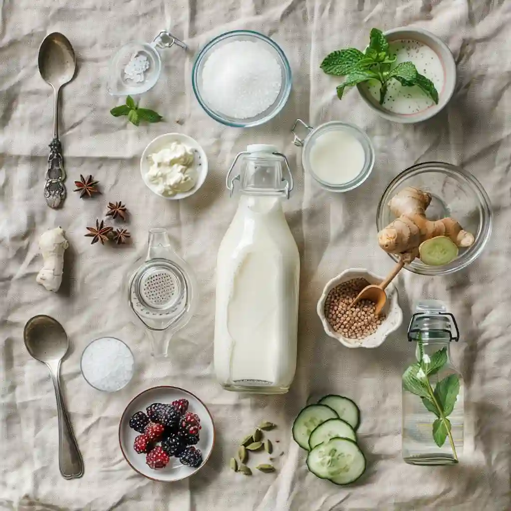 fermented milk beverages_Flat lay of ingredients for kefir and salty lassi—milk, kefir grains, yogurt, water, salt, cardamom, mint, cucumber, berries, ginger, honey