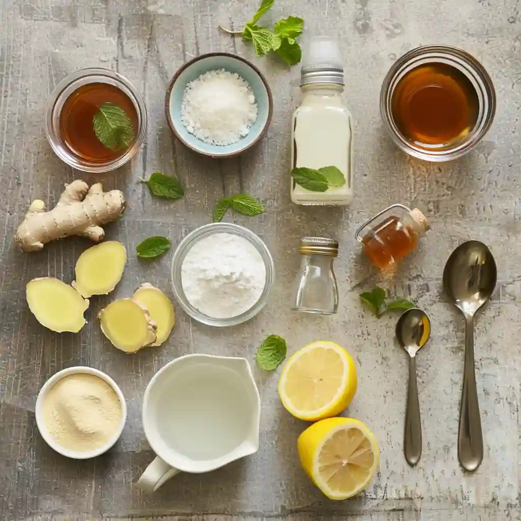 gelatin trick recipe_Flat lay of ingredients for the gelatin trick—unflavored gelatin, water, lemon, ACV, ginger, mint, honey