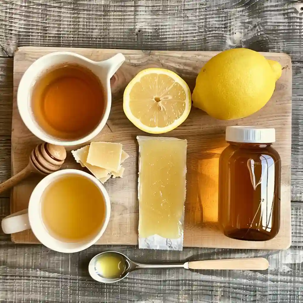 Flat lay of ingredients for the gelatin trick to lose weight: Knox gelatin, lemon, hot water, honey, apple cider vinegar