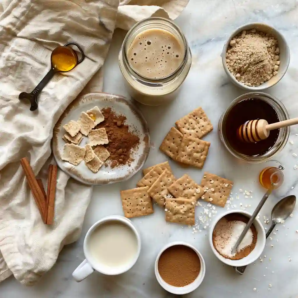 Flat-lay of ingredients for a Teddy Graham Latte: oat milk, espresso, brown sugar syrup, cinnamon, honey, graham crackers