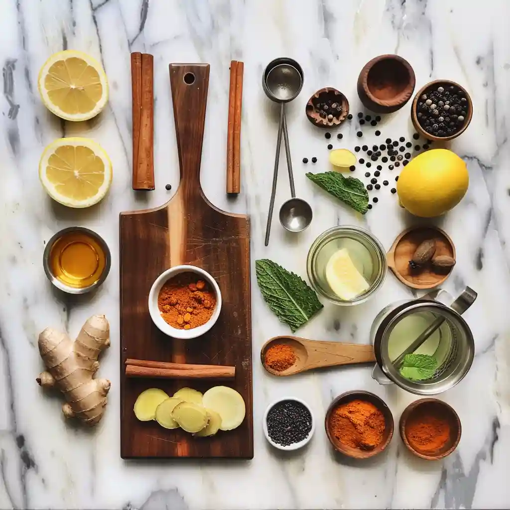 Ice Spice weight loss - Flat lay of ingredients for weight-loss-friendly spice tea: cinnamon sticks, ginger coins, turmeric root, peppercorns, cayenne, lemon, mint, honey, and kettle