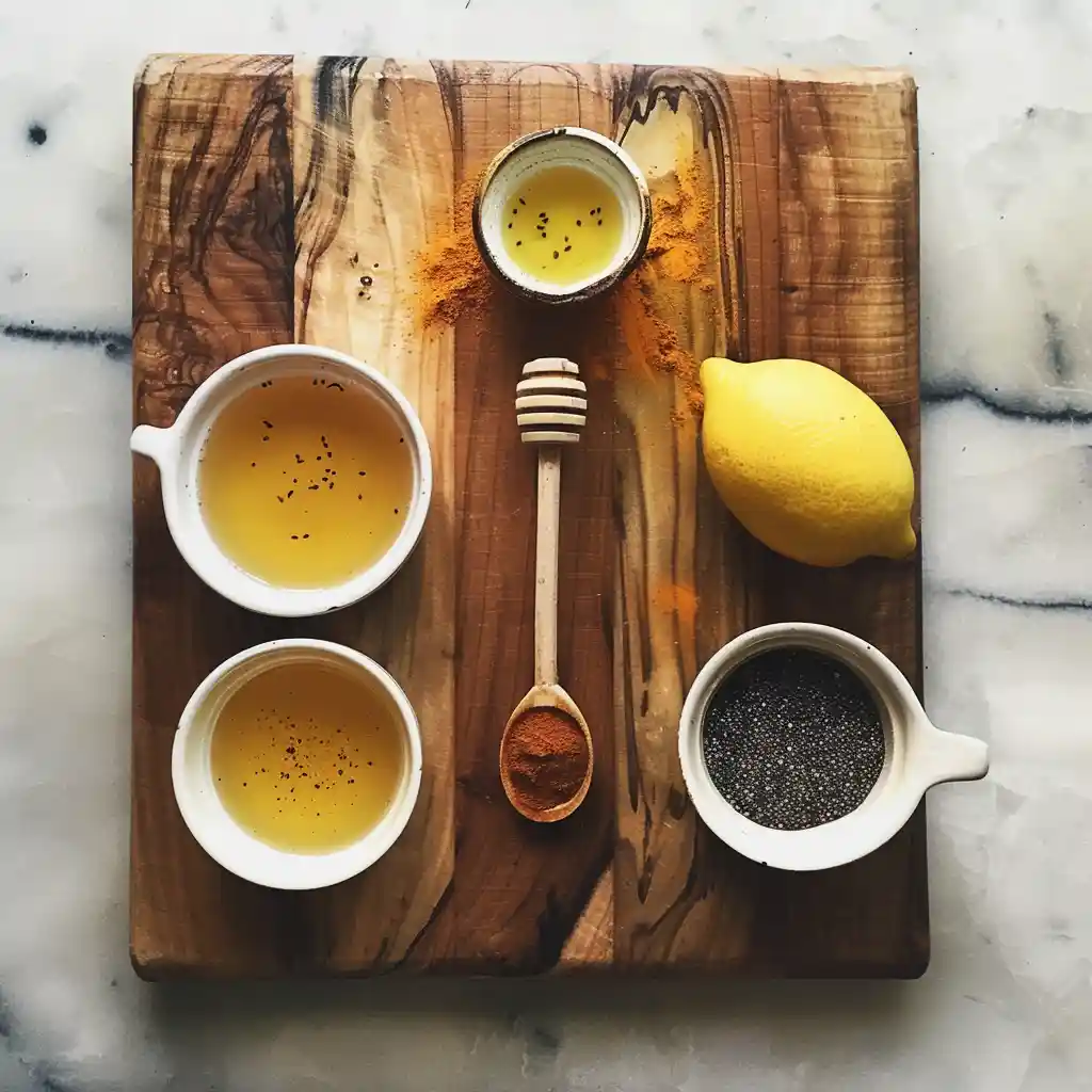 honey recipe for Alzheimer's_Flat-lay of measured ingredients—raw wildflower honey, turmeric, Ceylon cinnamon, black pepper, lemon half, and warm water