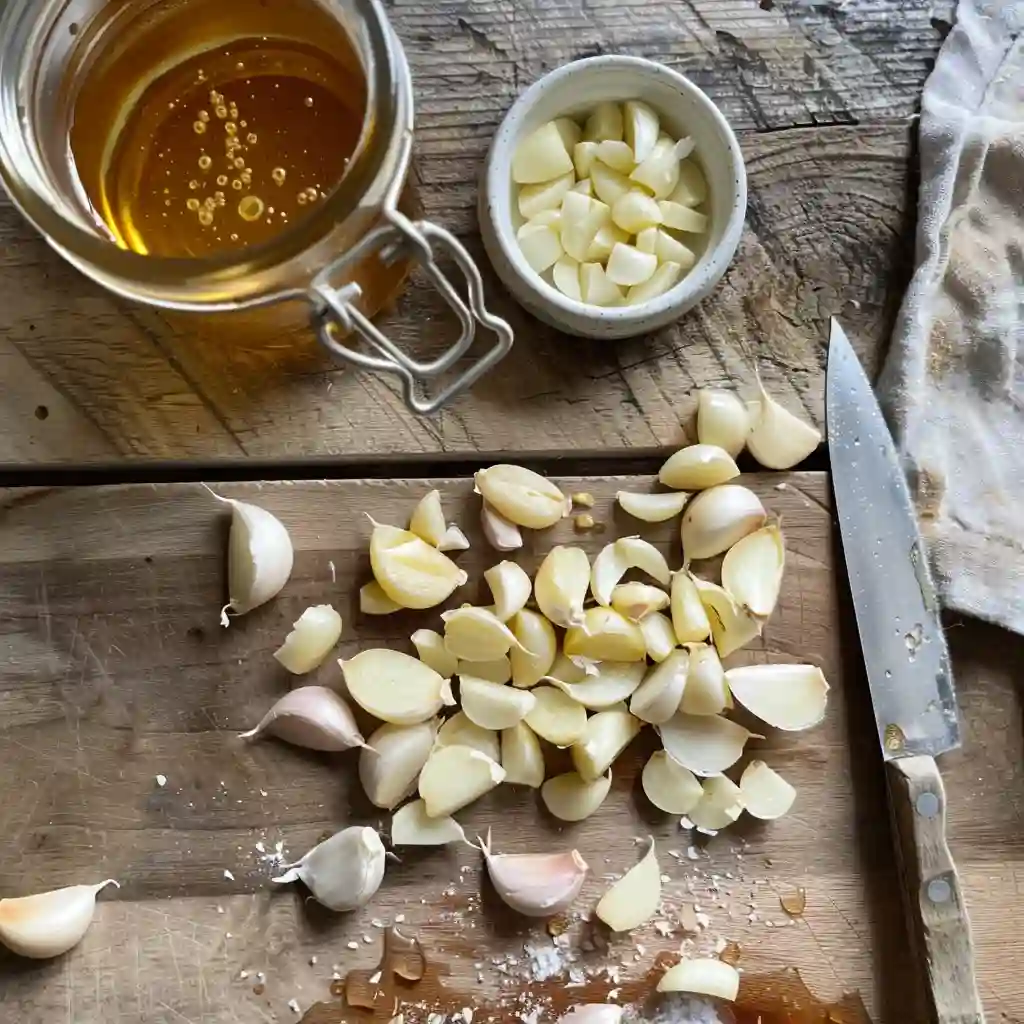 Flat lay of peeled garlic cloves, raw honey jar, and a clean glass jar for fermentation