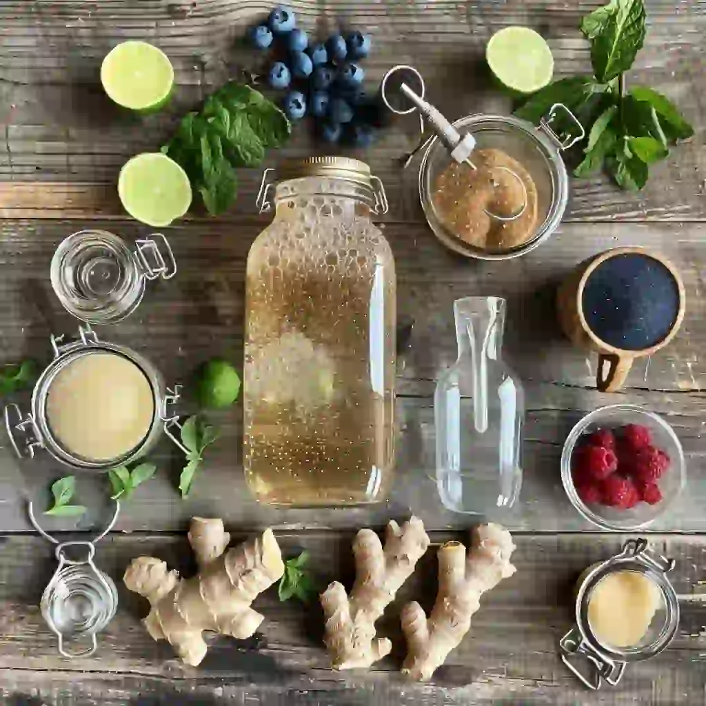 Flat-lay of probiotic soda ingredients including ginger, limes, cane sugar, filtered water, mint, berries, and a bubbly ginger bug starter