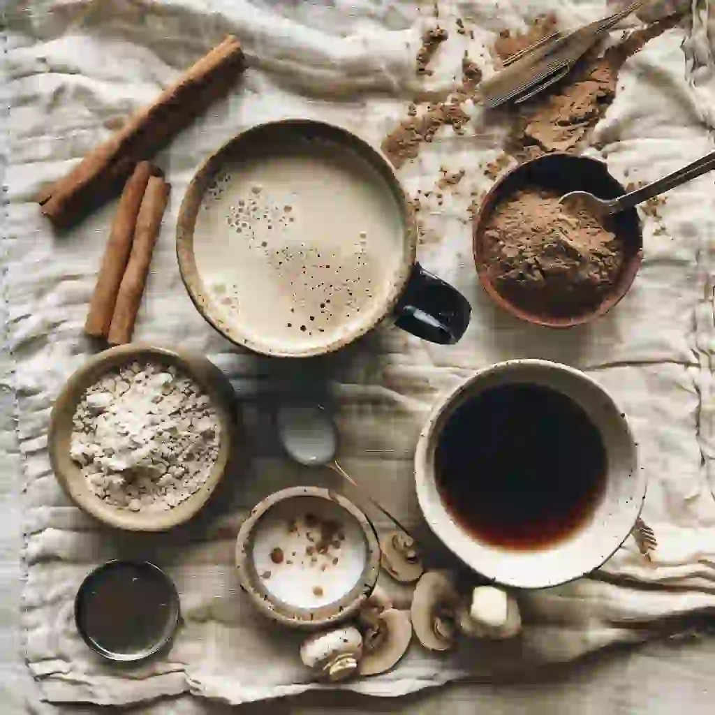 Flat lay of Ryze coffee recipes ingredients with oat milk, maple syrup, cinnamon, and mushroom powder