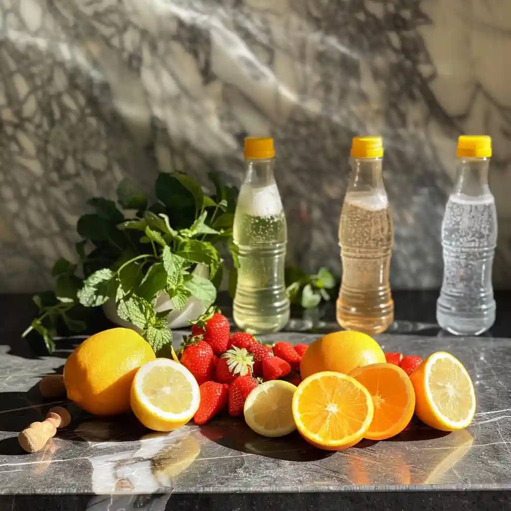 Fresh fruit, herbs, honey, and sparkling water arranged for homemade soda making
