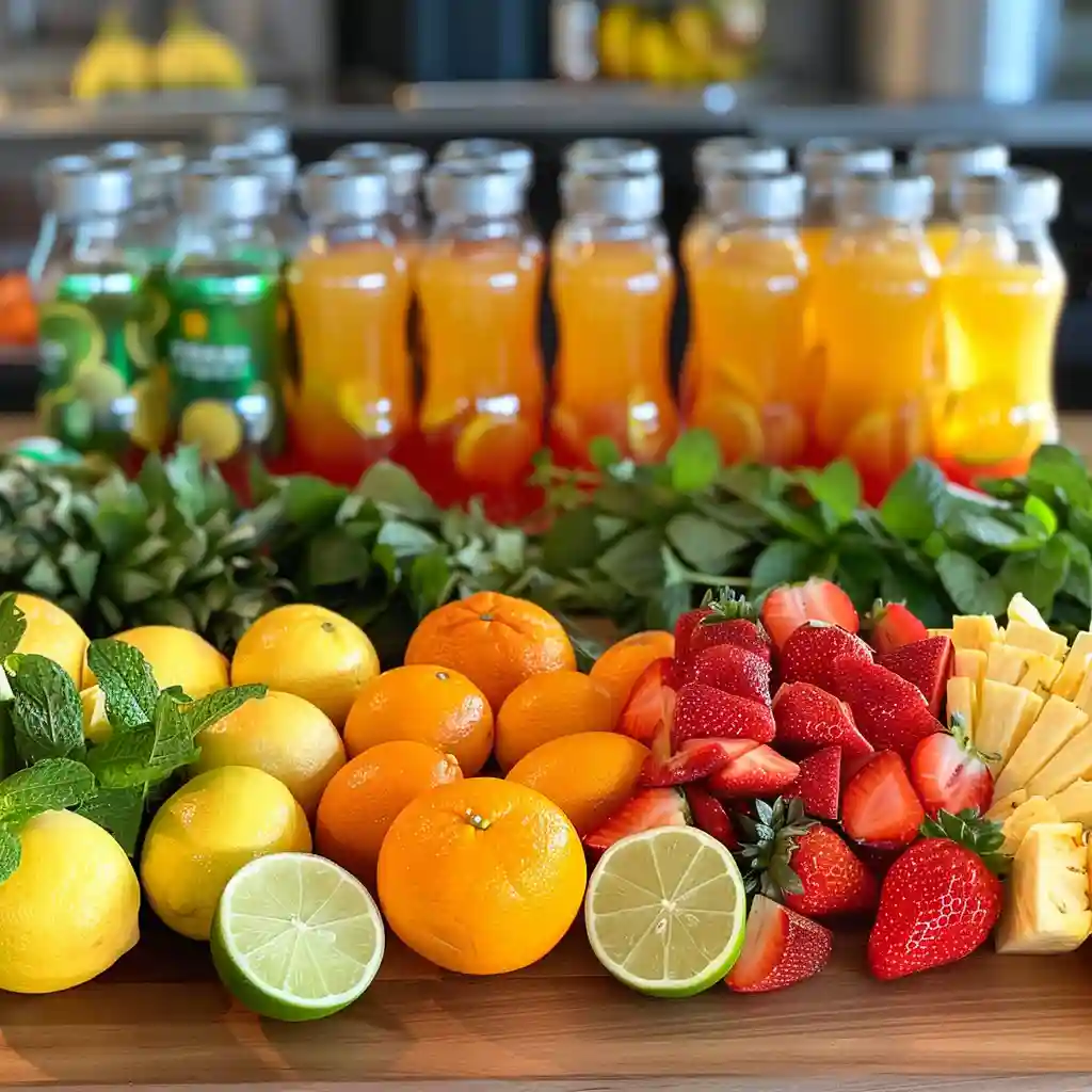 Fresh fruit punch soda ingredients including oranges, pineapple, limes, strawberries, mint, and soda cans