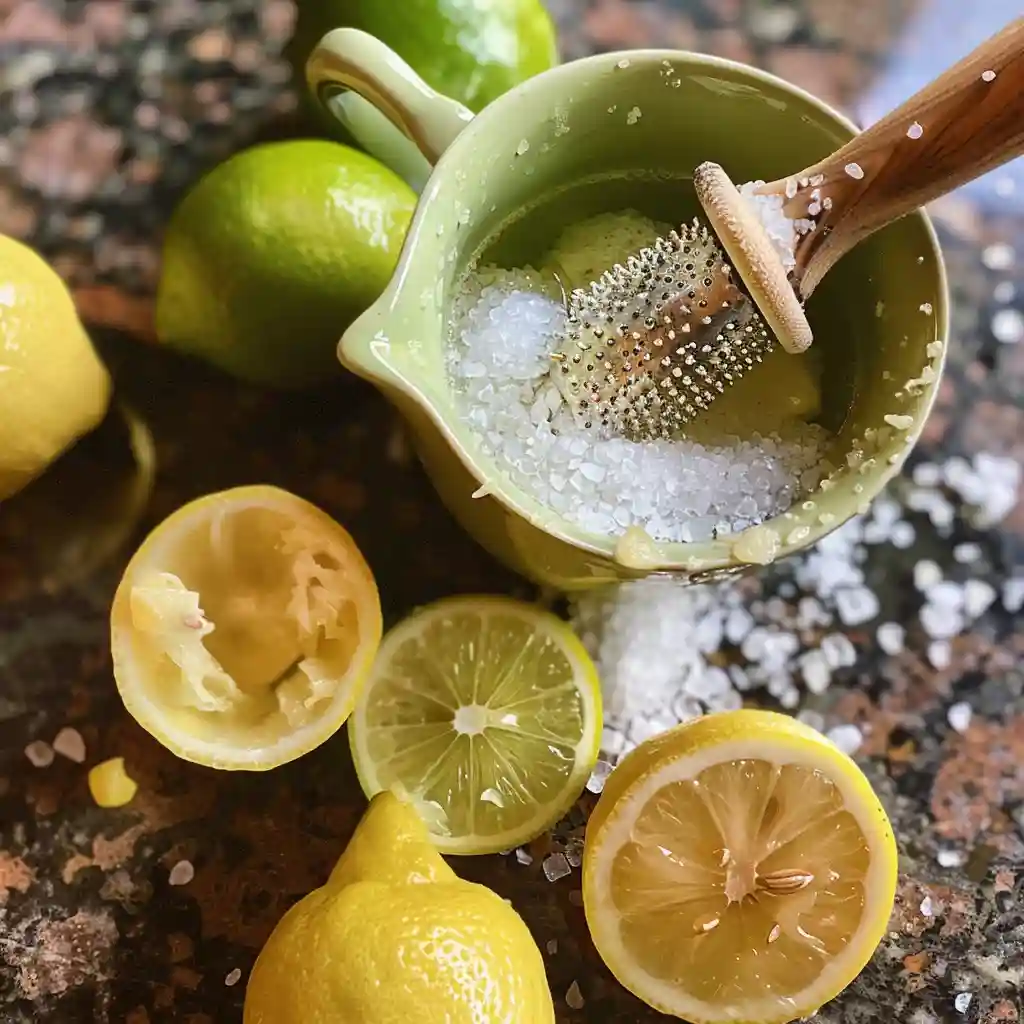 Fresh lemon juice being squeezed into the mug with a handheld reamer; salt dissolving and lime nearby