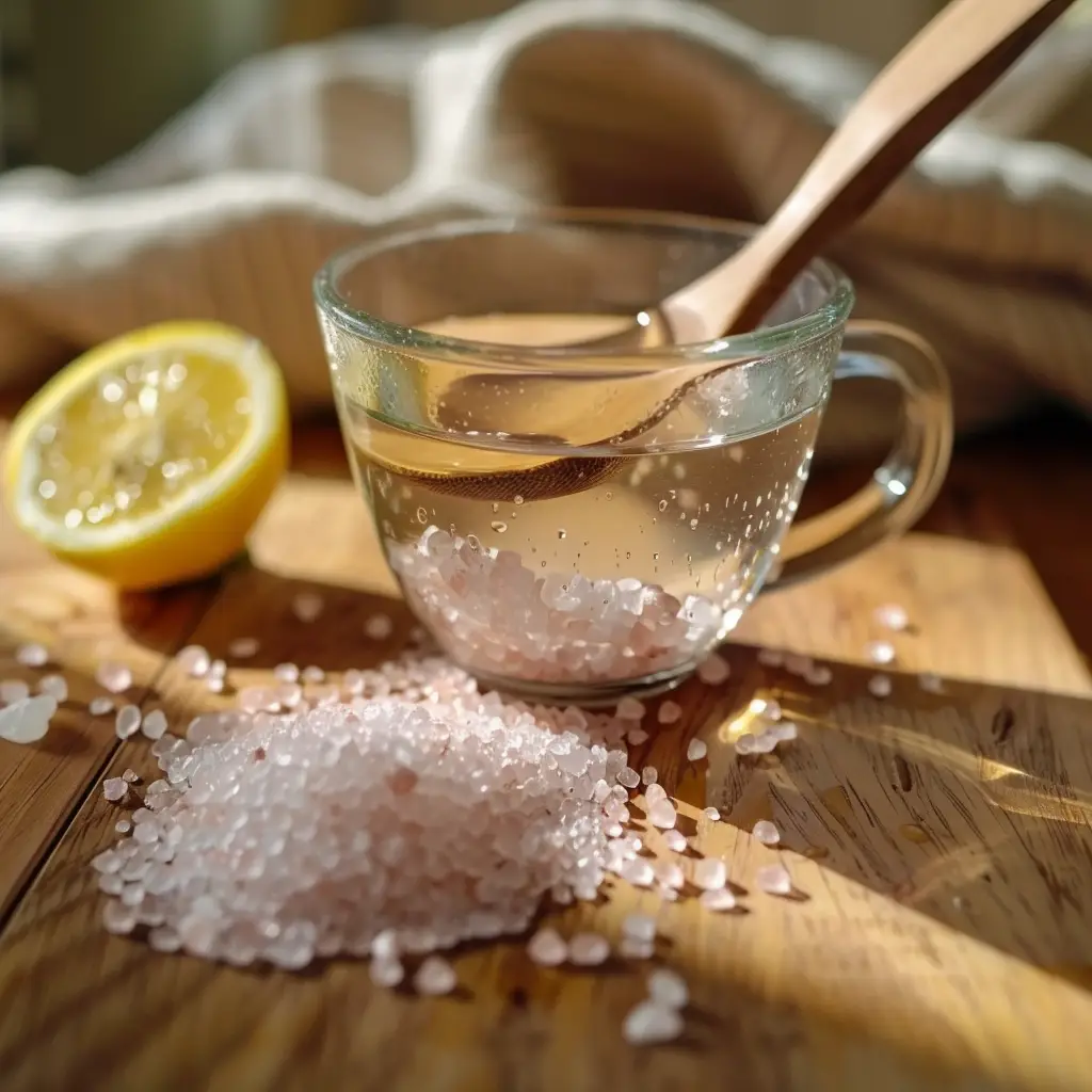 Fresh lemon juice being poured into a glass with warm water and pink salt