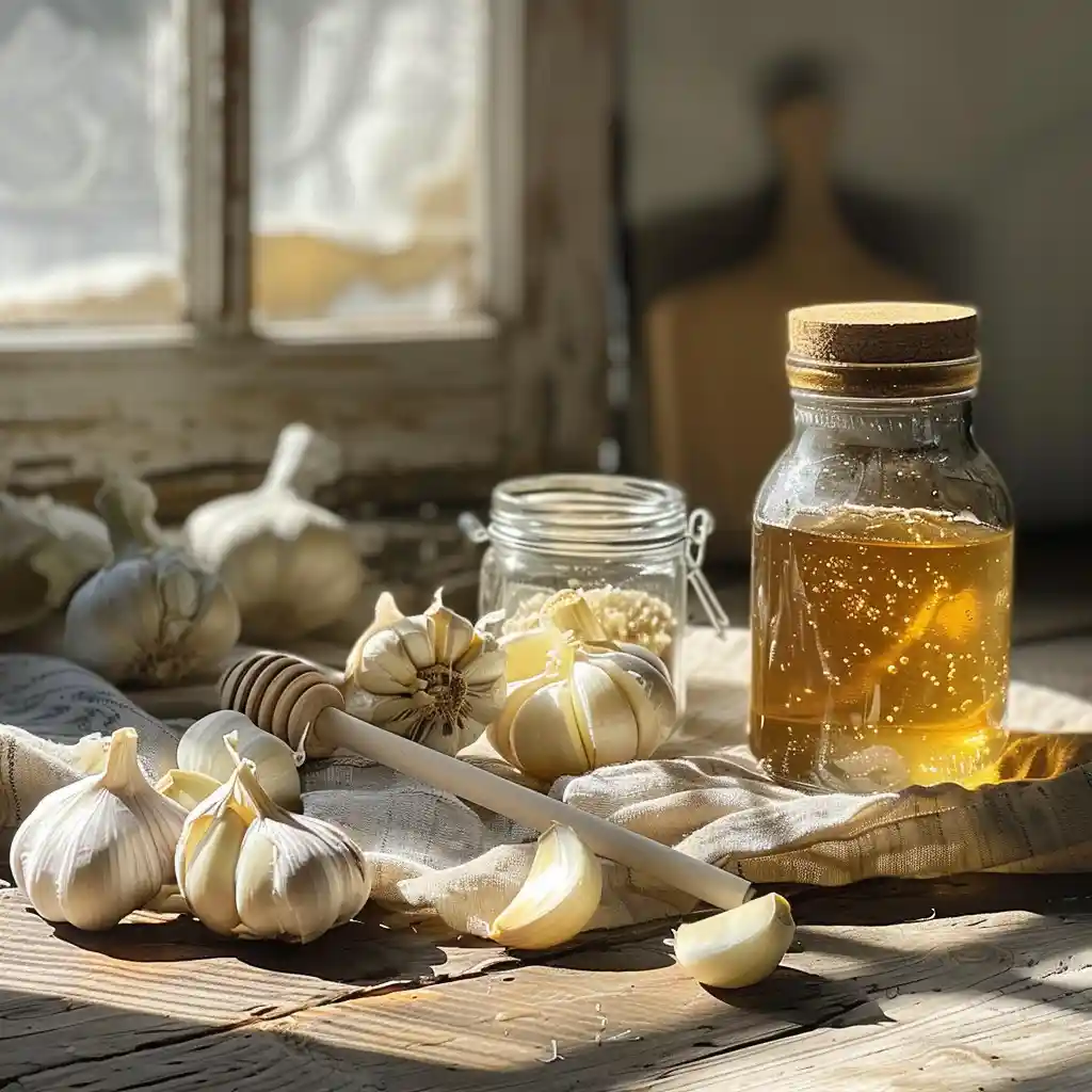 Garlic bulbs, jar of raw honey, and clean mason jar on a wooden table