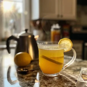 Gelatin trick drink in a clear mug with lemon wedge and ACV bottle in the background