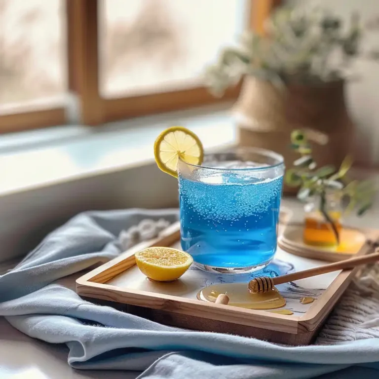 Glass of blue salt water served with lemon and raw honey on the side