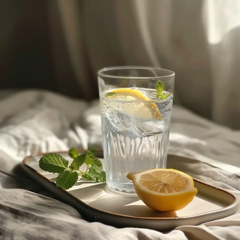 Glass of lemon cucumber mint ice water on a breakfast tray with lemon wedge – simple self-care ritual
