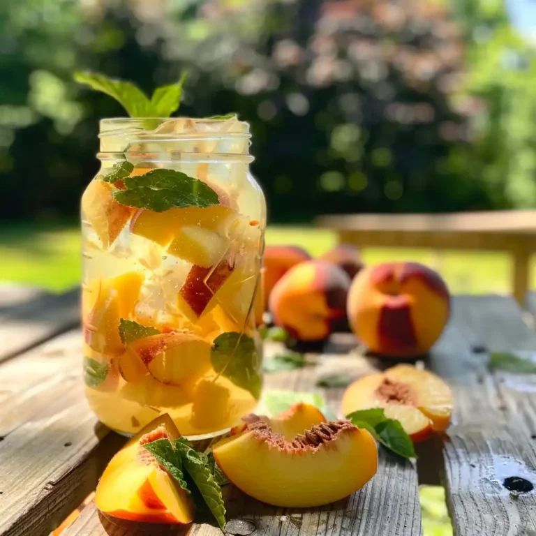 Glass of white peach sangria with mint and peach slices on a sunlit picnic table