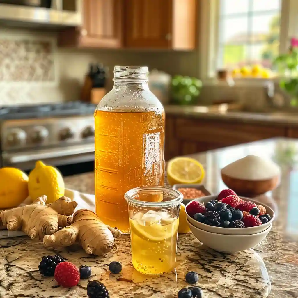 Golden homemade kombucha in a bottle and glass with visible bubbles and SCOBY jar nearby
