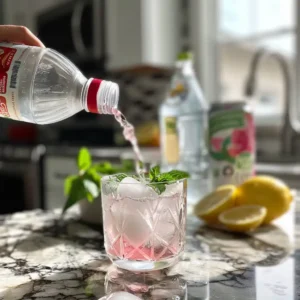 Hand pouring pink lotus energy concentrate into an ice-filled glass, with ingredients visible on the counter