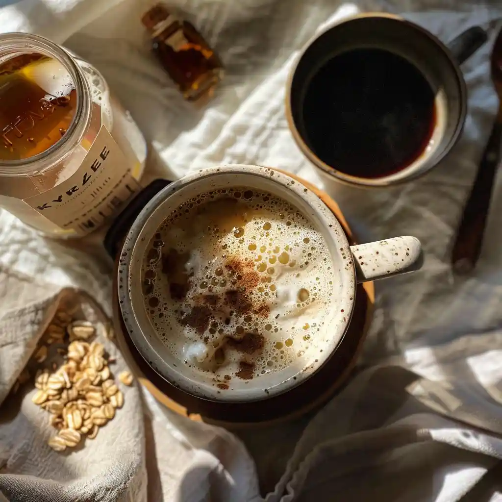 Hand whisking Ryze coffee with oat milk on a stovetop as steam rises