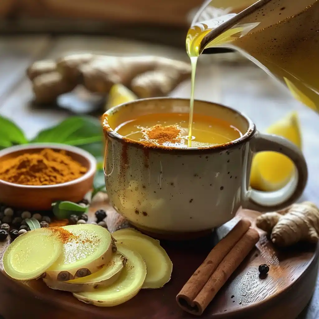 Ice Spice weight loss - Hands slicing ginger and turmeric beside a saucepan with cinnamon sticks, lemon, mint, peppercorns, and honey nearby