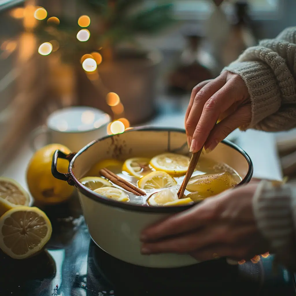 Hands stirring gelatin into warm lemon water with cinnamon