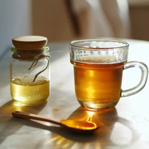 Heating water in a glass with honey and lemon nearby