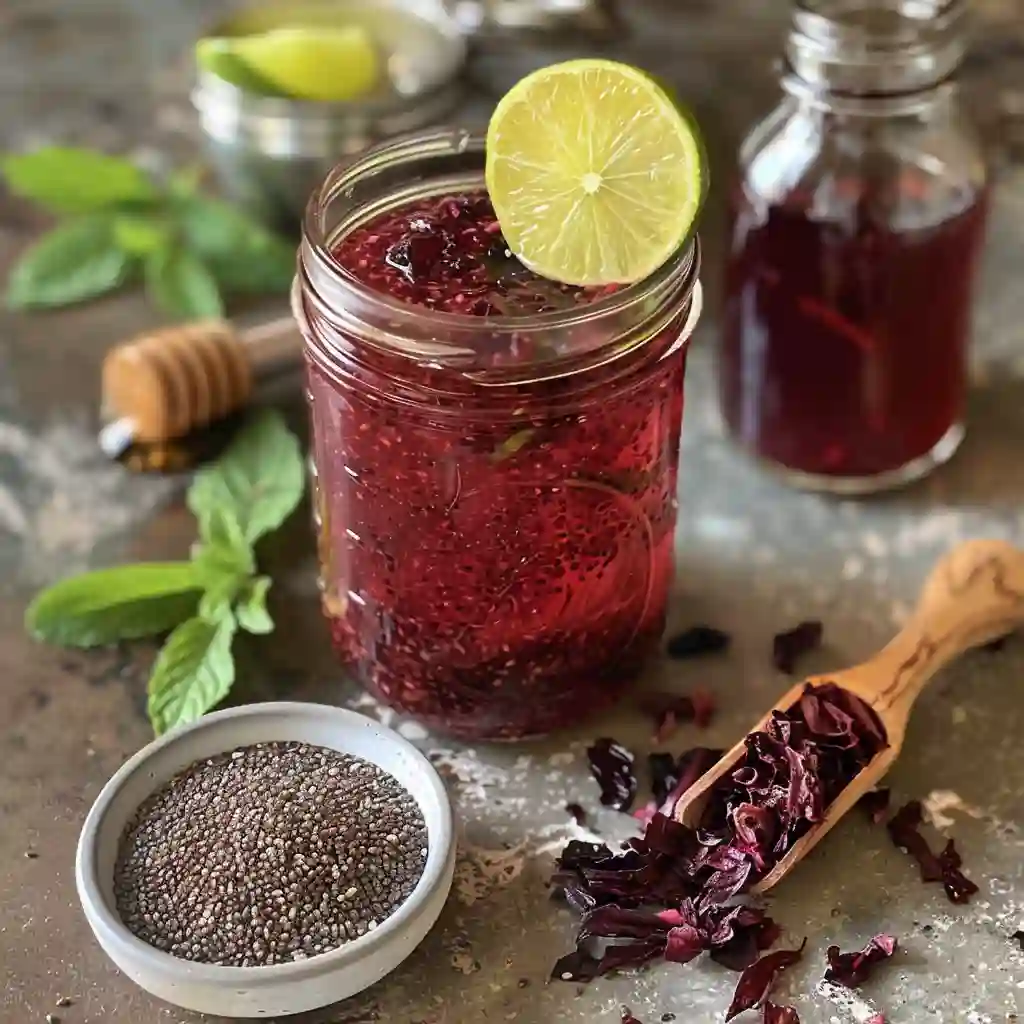 Hibiscus-lime chia drink variation being mixed in a jar with mint, honey, and dry chia nearby