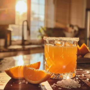 Homemade adrenal cocktail in a glass with fresh orange juice and sea salt on a rustic counter