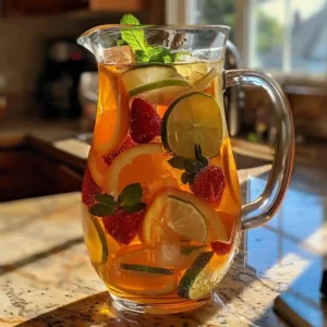 Homemade fruit punch soda in a glass pitcher with ice, citrus slices, strawberries, and mint leaves