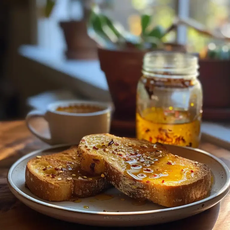 Homemade hot honey drizzled over sourdough toast with visible chili flakes