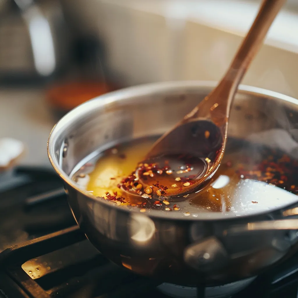 Homemade hot honey simmering gently in saucepan with chili flakes