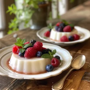Homemade panna cotta made with the gelatine trick recipe, topped with fresh berries and mint