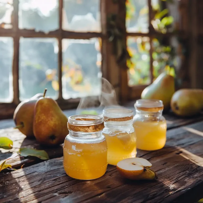 Homemade pear jelly in glass jars surrounded by Bartlett and Bosc pears on a rustic kitchen counter