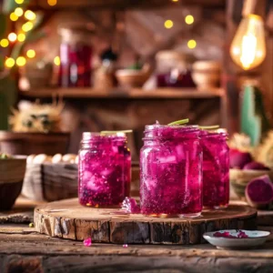 Homemade prickly pear jelly glowing magenta in glass jars on a rustic wooden table