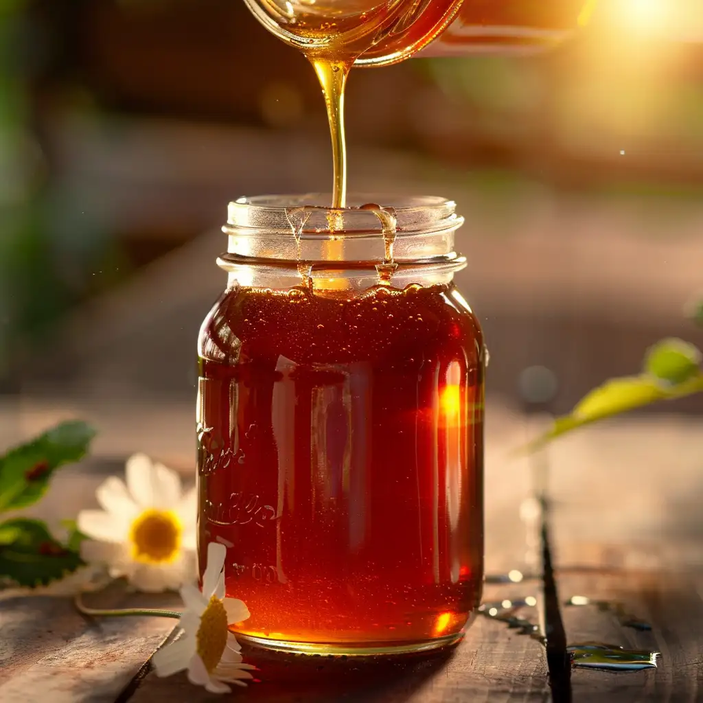Homemade red honey in a rustic jar with strawberries and beet powder