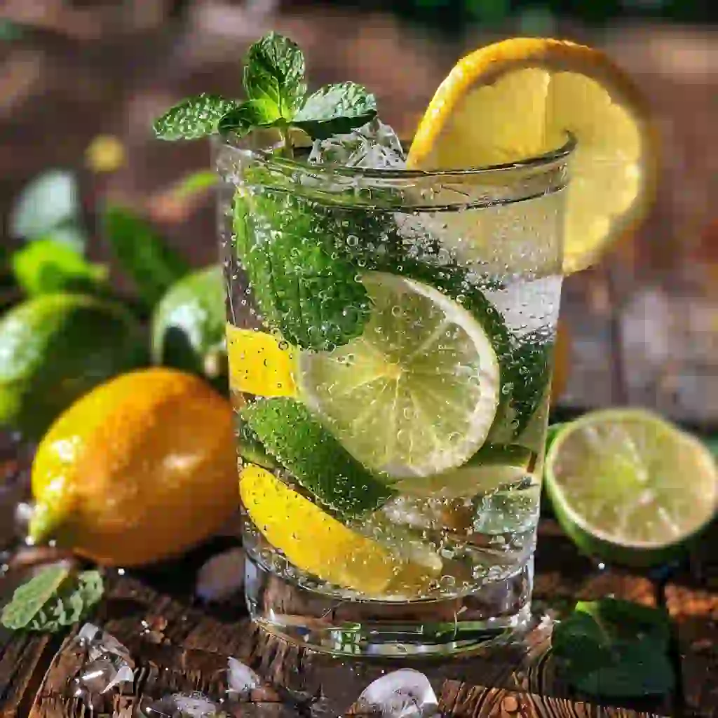 Homemade soda with lemon, lime, and mint on a rustic wooden table, sparkling bubbles visible