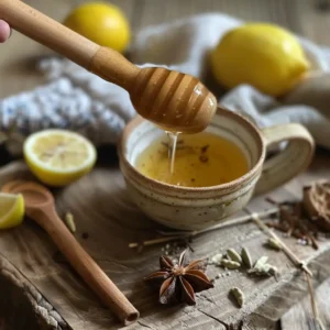 Honey being stirred into warm water with turmeric and cinnamon for brain clarity