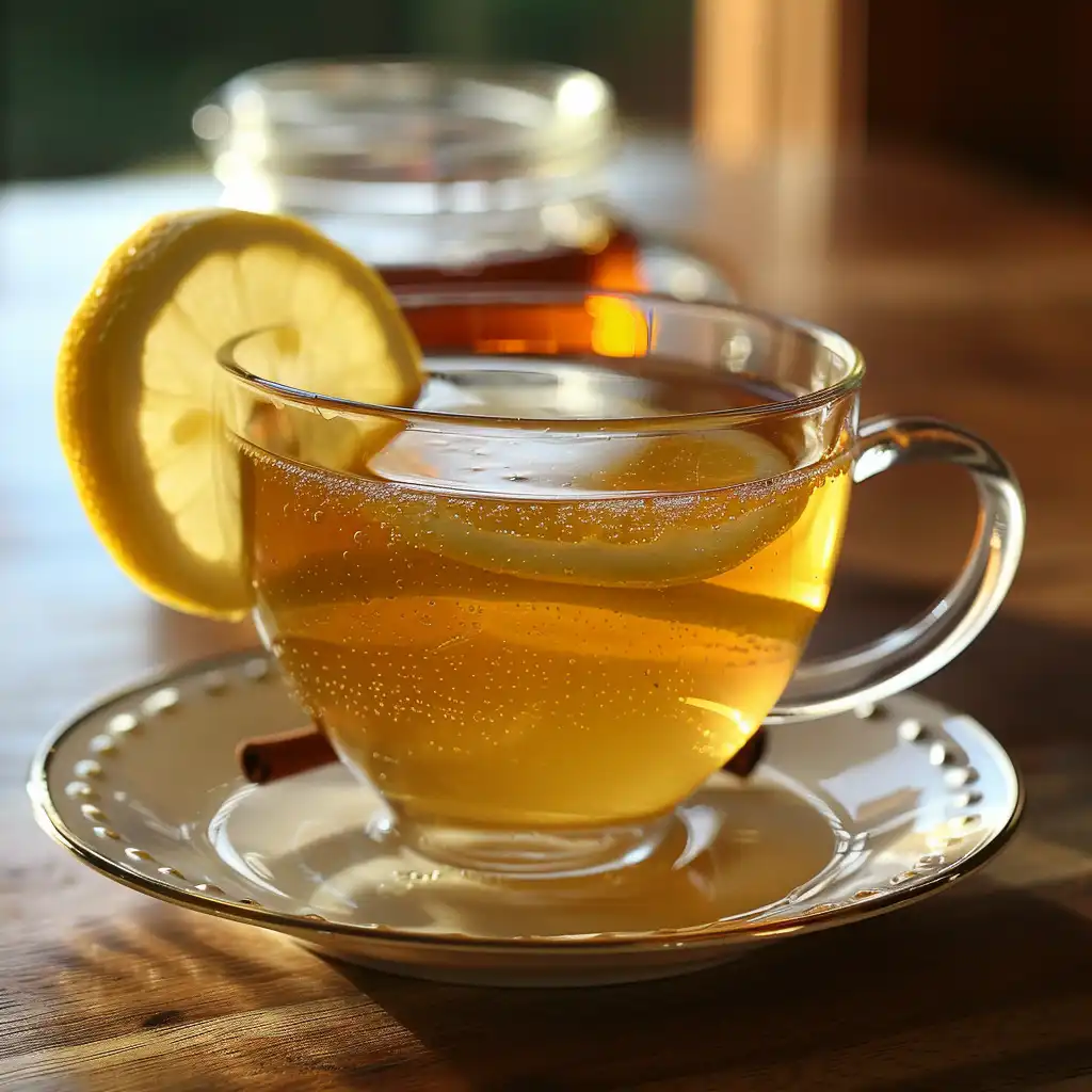 Honey drink served with lemon slice and cinnamon stick