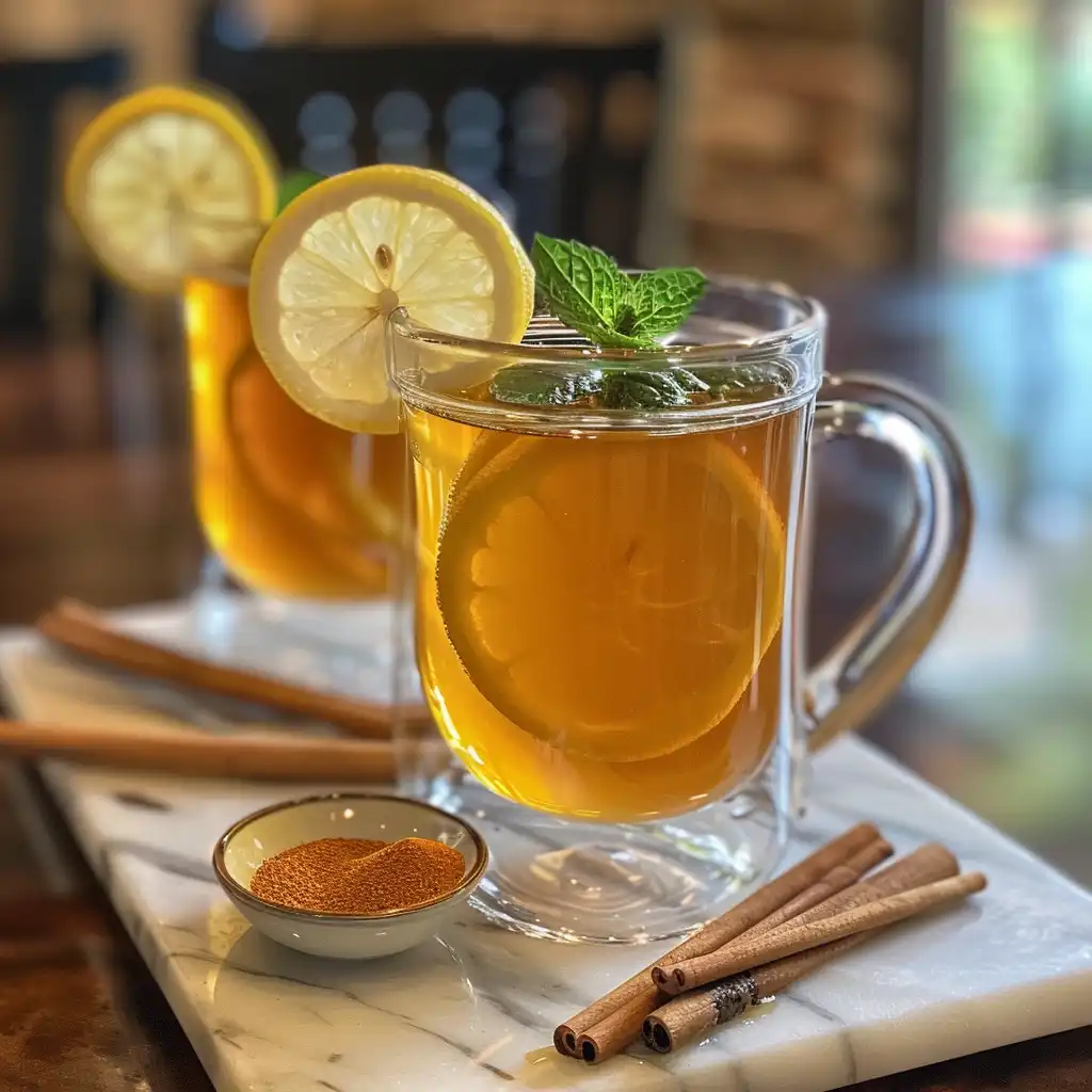 Ice Spice weight loss - Honey drizzling into brewed tea with a pinch of cayenne and fresh lemon and mint ready to finish