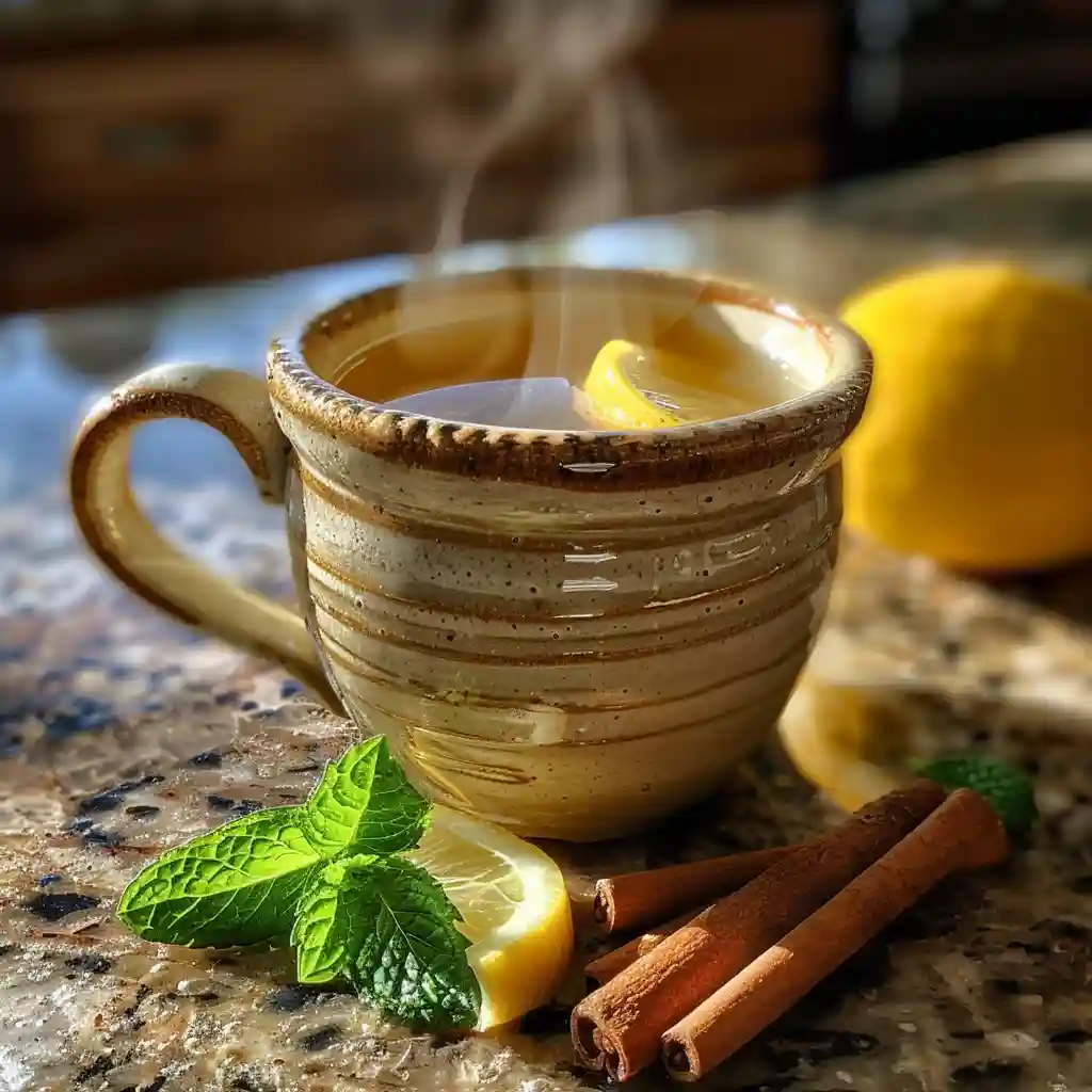 Honey memory drink in a rustic ceramic mug with lemon, cinnamon, and mint