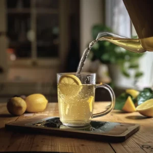 Honey memory drink served with lemon slice and mint in glass mug
