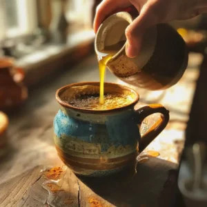 Honey turmeric brain fog drink served with lemon and cinnamon beside a journal