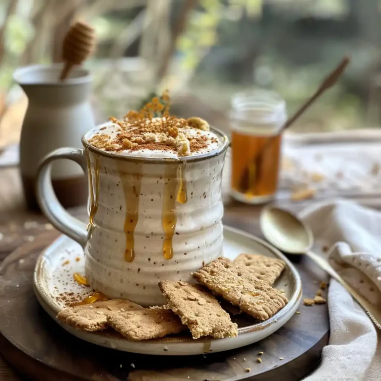 Hot Teddy Graham Latte with graham-rimmed mug, honey drizzle, and cinnamon sprinkle as a serving suggestion