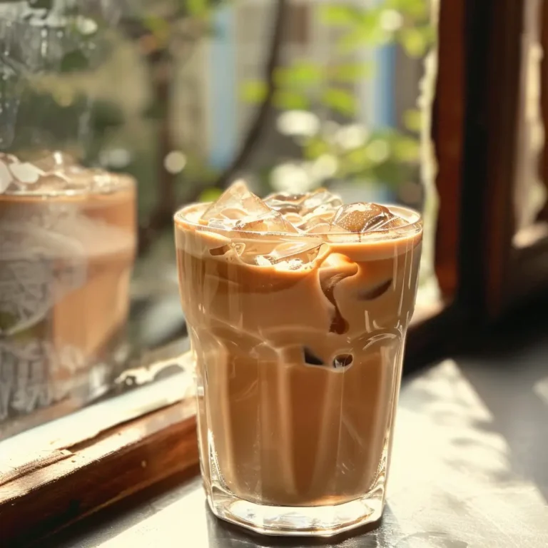 Iced Ryze mushroom coffee with oat creamer and coffee ice cubes on a sunny table