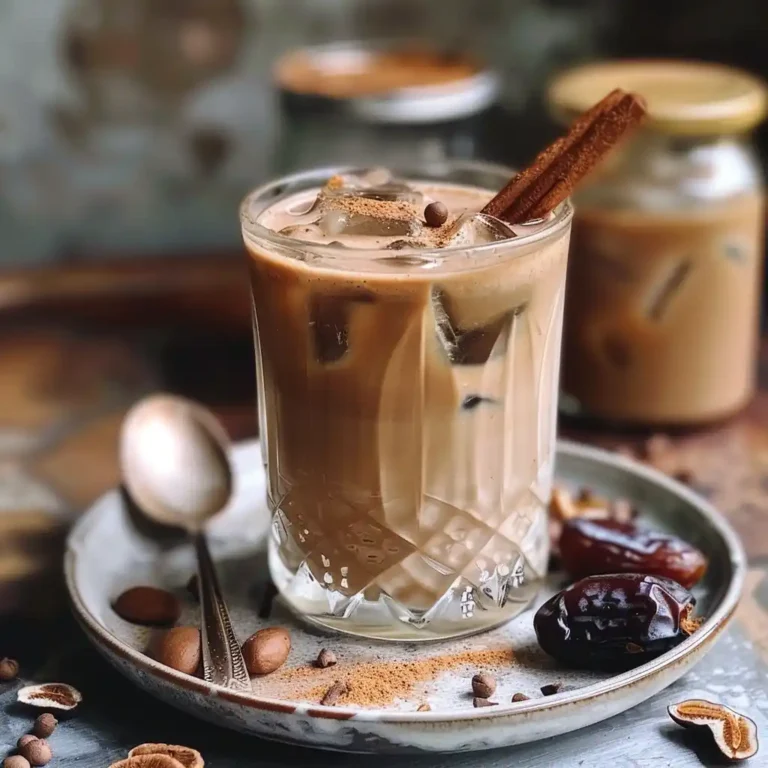 Iced RYZE mushroom latte in a clear glass with cinnamon stick and vanilla, ingredients visible in background