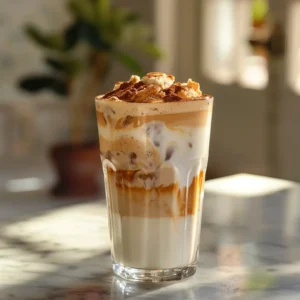 Iced Teddy Graham latte in a clear glass with cinnamon and honey swirls
